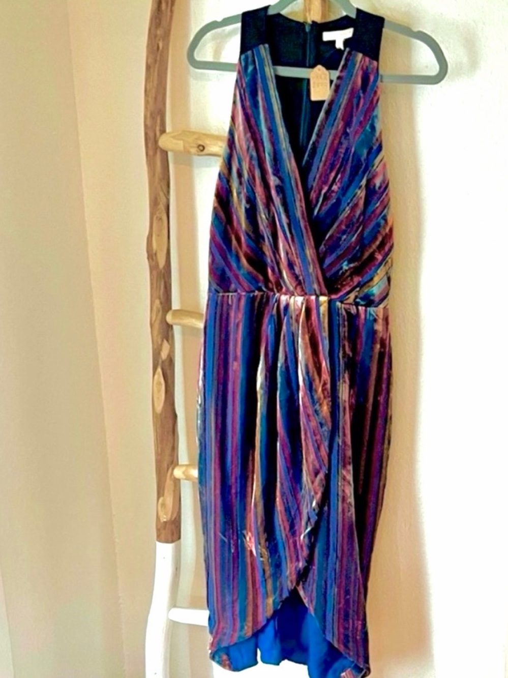 Blue Multicolor Striped Velvet Midi Racer Back Dress Medium Harlyn Anthro